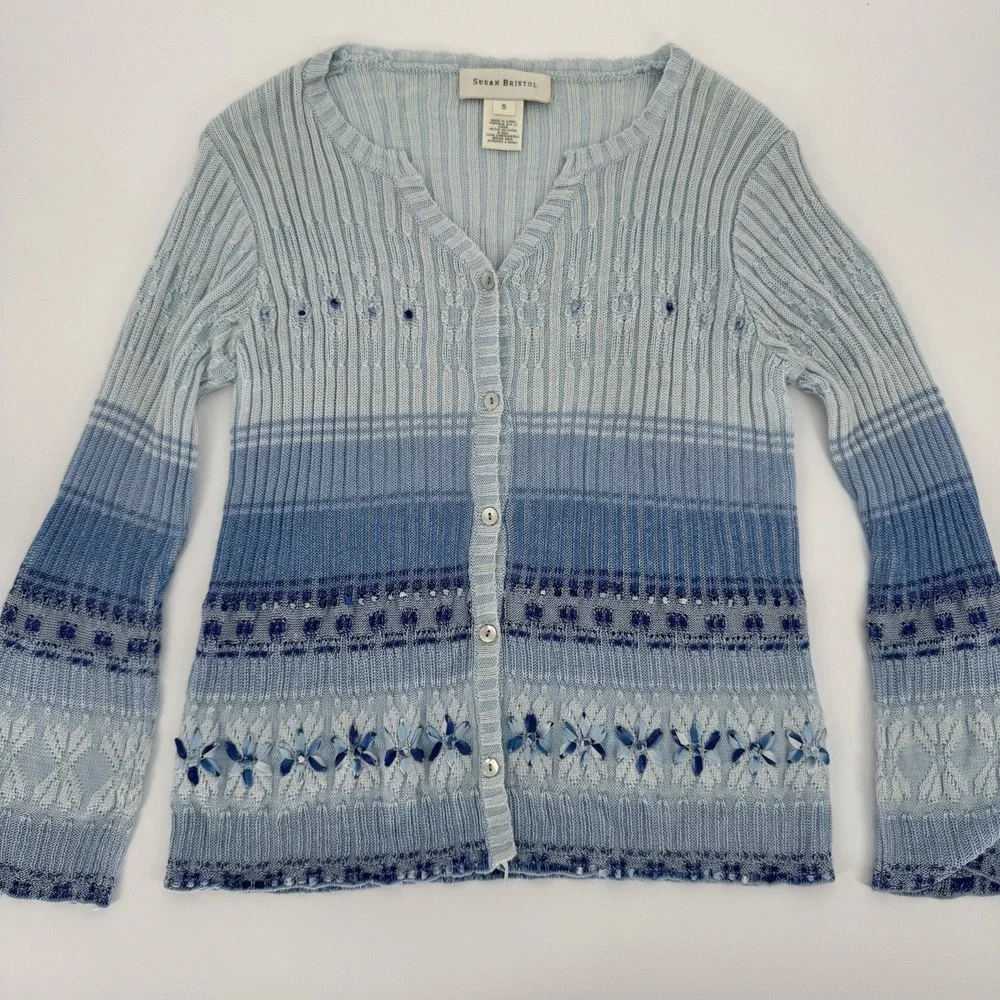 Susan Bristol Blue Gradient‎ Knit Cardigan Floral Embroidery Cottagecore Small